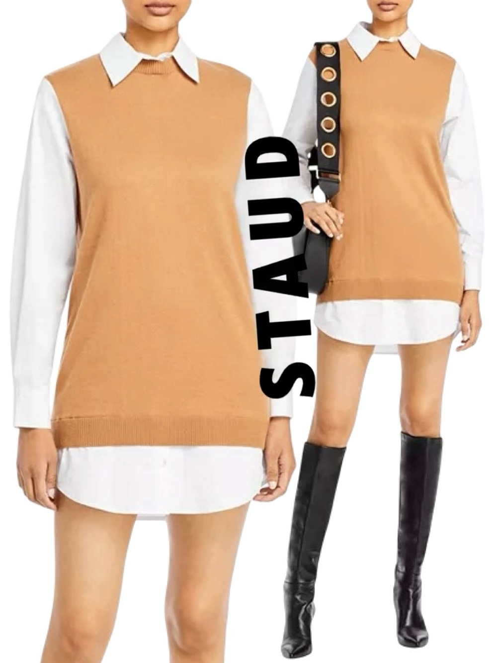 STAUD Fern Mixed Media Long Sleeve Layered Mini Dress